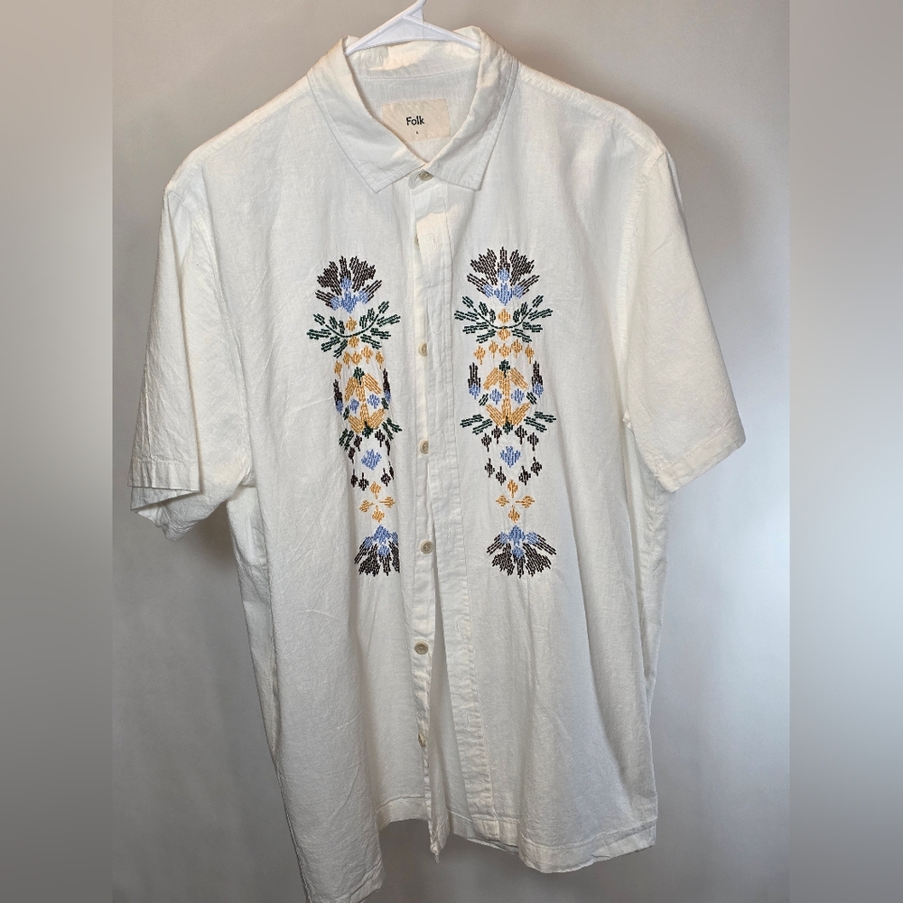 Folk Embroidered Linen/Cotton Button Up Size L